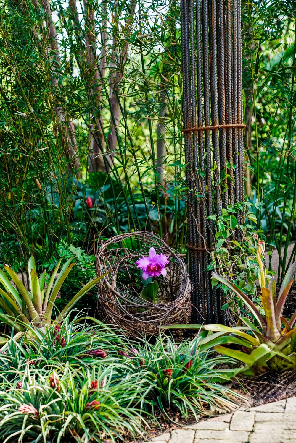 Tropical-inspired landscape design featuring layered ornamental plants, lush greenery, and decorative garden accents.