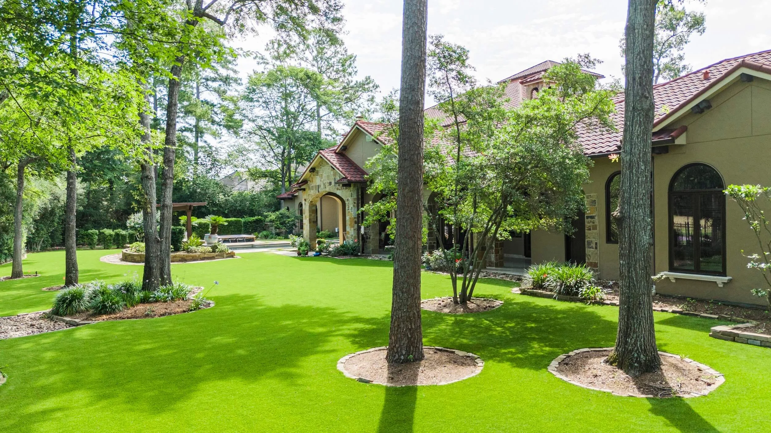 Hogue drone view landscape installation The Woodlands Texas — aerial full property view"
