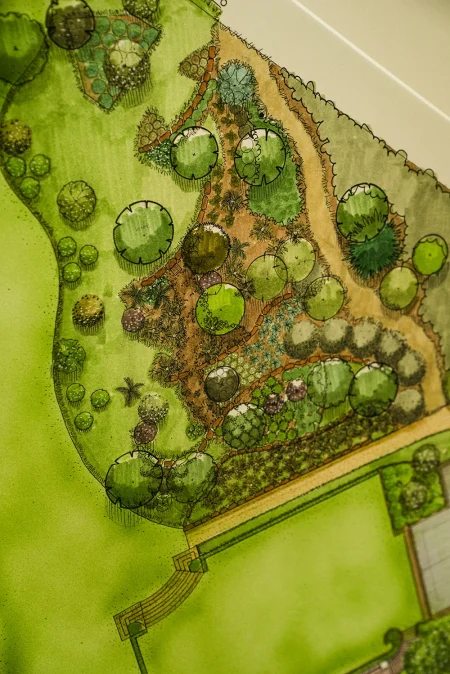 Hogue landscape renovation Shadyside Houston — estate grounds and drainage correction. Registered Landscape Architect.