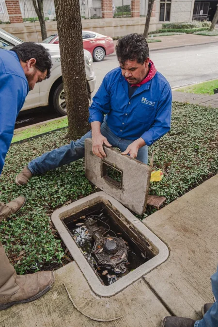 Two Hogue Landscape Services technicians inspecting and servicing an in-ground irrigation system.